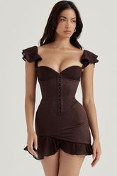 Robe courte de soirée en satin à volants et bustier en mousseline - Chocolat